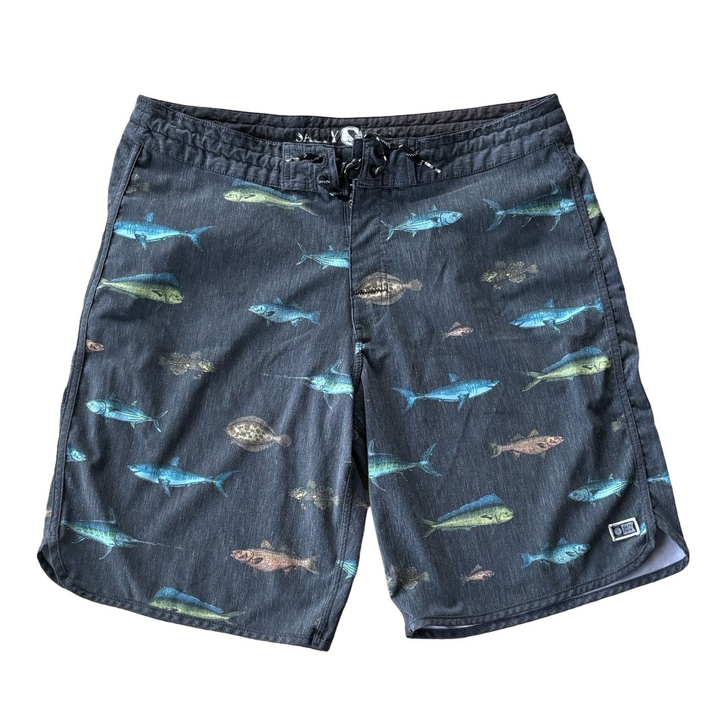 Salty Crew Mens Fish Print Board Shorts Size 34 Gray Coconut Blend Swim Trunks